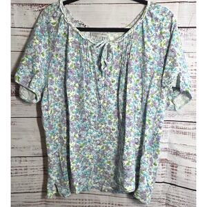 Fashion Bug Top PLus Size 2X XX Floral Flowers Blue Purple Green Short Cotton